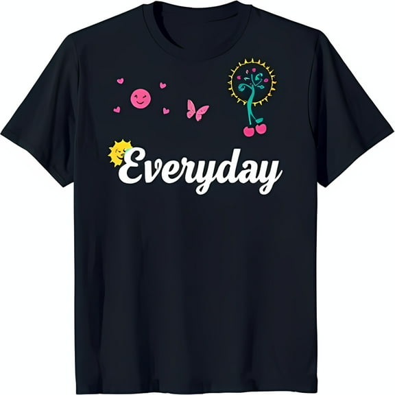 Vibrant Black T-Shirt with Playful 'Everyday' Design Colorful Sun Butterfly
