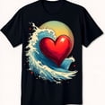 thumbnail image 1 of Vibrant Black T-Shirt with Red Heart and Blue Wave Graphic Design, 1 of 5