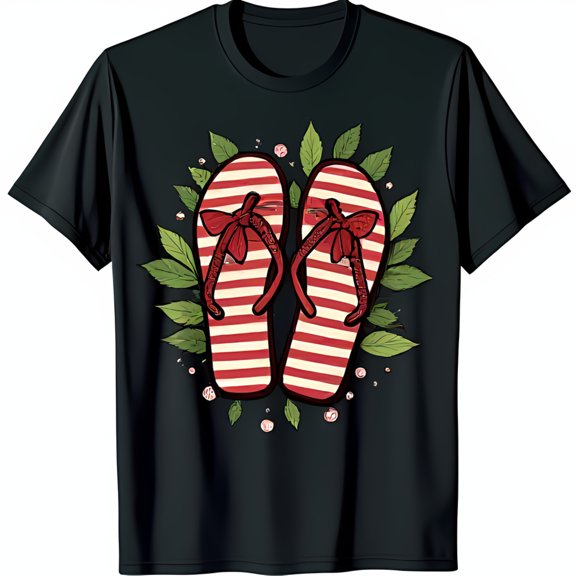 Vibrant Black T-Shirt with Red & White Striped Flip Flops Graphic Summer Vibes