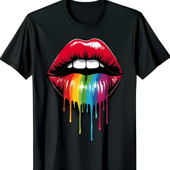 Vibrant Black T-Shirt with Red and Pink Lips Graphic & Rainbow Drip Design