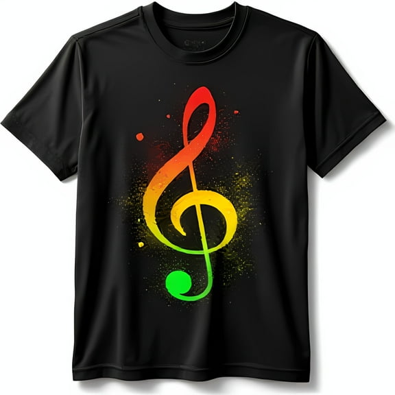 Vibrant Black T-Shirt with Retro Treble Graphic in Reggae Colors