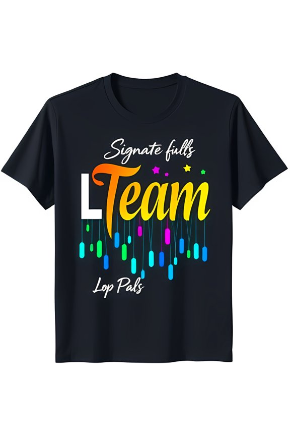 Vibrant Black T-Shirt with 'Signate fills L Team' Graphic & Rainbow Lines