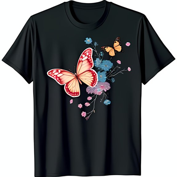 Vibrant Black T-Shirt with Stunning Butterfly and Flower Design Red Yellow Accents