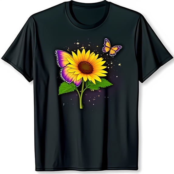 Vibrant Black T-Shirt with Sunflower & Butterfly Chest Graphic Nature Inspired Design