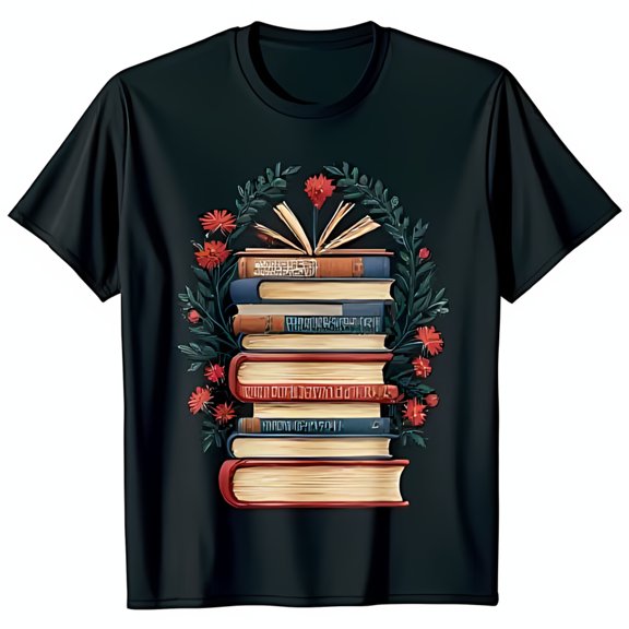 Vibrant Black T-Shirt with Whimsical Book Stack and Floral Design