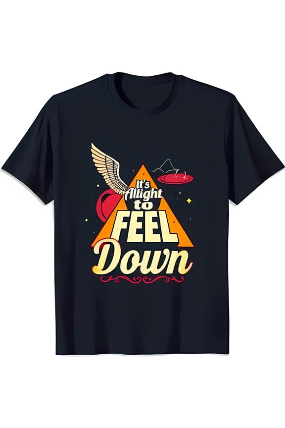 Vibrant Black T-Shirt with Whimsical Phoenix Design & 'It's Alright To FEEL Down' Graphic