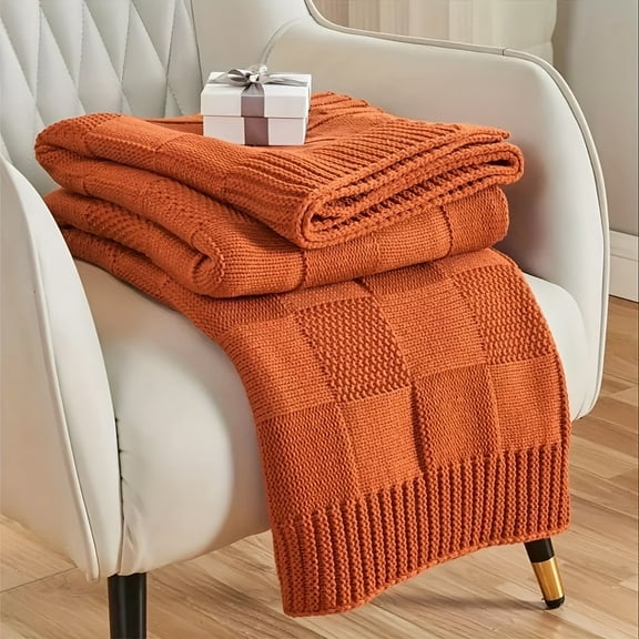 [Vibrant Blanket] Vibrant Orange Nordic Style Grid-Pattern Blanket | Machine Washable Cozy Home Decor, All-Season Multi-Use Throw for Office, Sofa & Camping, Textured Warmth