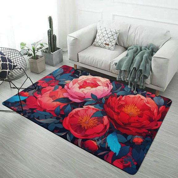 Vibrant Blooming Red Flowers Soft Comfy Area Rugs Carpet Suitable for Living Room Kitchen Bedroom Laundry Room Home Decorations