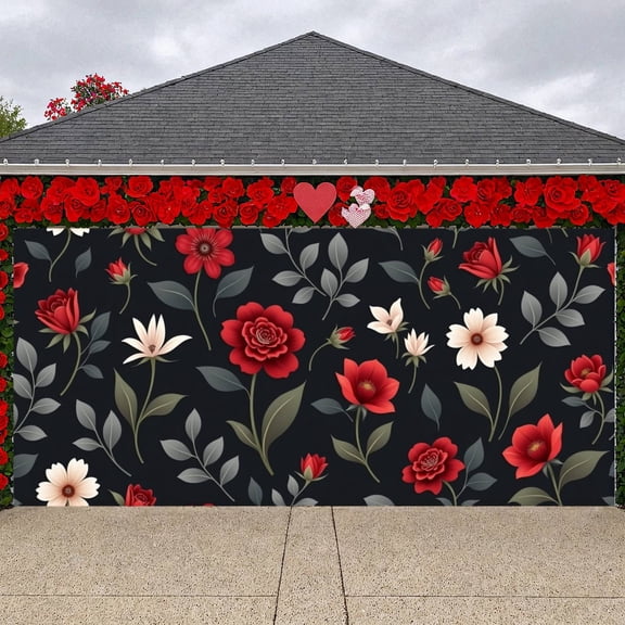 Vibrant Blooms Floral Banner Dark Background Botanical Backdrop Romantic Elegant Floral Flower Decor Display for Wedding Reception Bridal Shower Anniversary Party