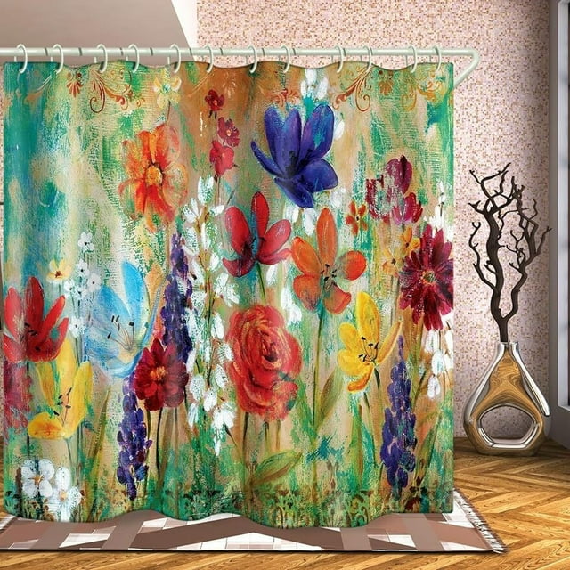 Vibrant Blooms Oil Painting Shower Curtain Set with Hooks