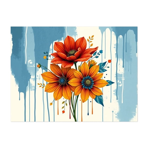 Vibrant Blooms: A Symphony of Orange and Blue - Painting Floral Flowers Modern Art Abstract Botanical Illustration Garden Unframed Wall Art Print 6 x 8 inches