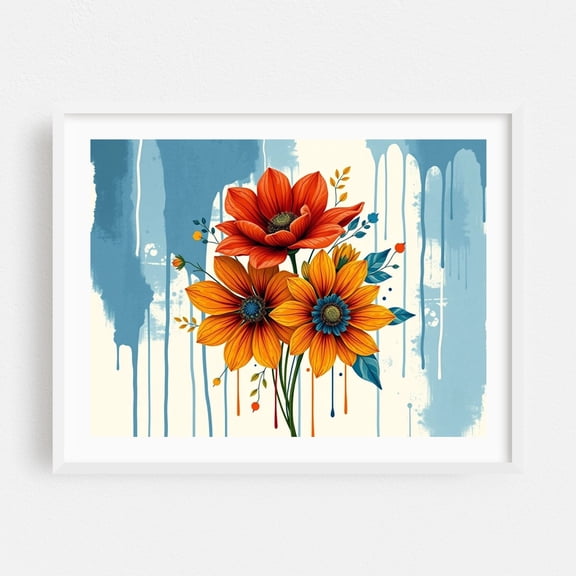Vibrant Blooms: A Symphony of Orange and Blue - Painting Floral Flowers Modern Art Abstract Botanical Illustration Garden White Framed Wall Art Print 6 x 8 inches