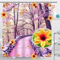 thumbnail image 1 of Vibrant Blossom Park Shower Curtain - Winding Pink Flowers & Autumn Leaves Serene Spring Atmosphere, 1 of 5
