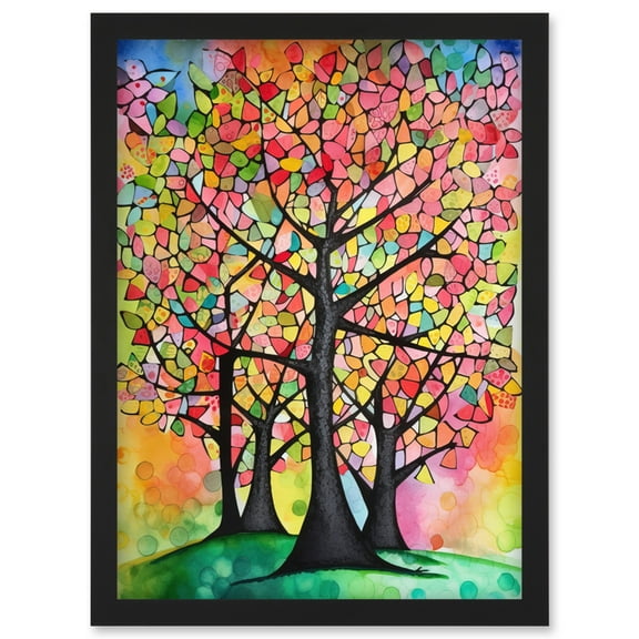Vibrant Blossoming Trees In Spring Folk Art Watercolour Painting Artwork Framed Wall Art Print A4
