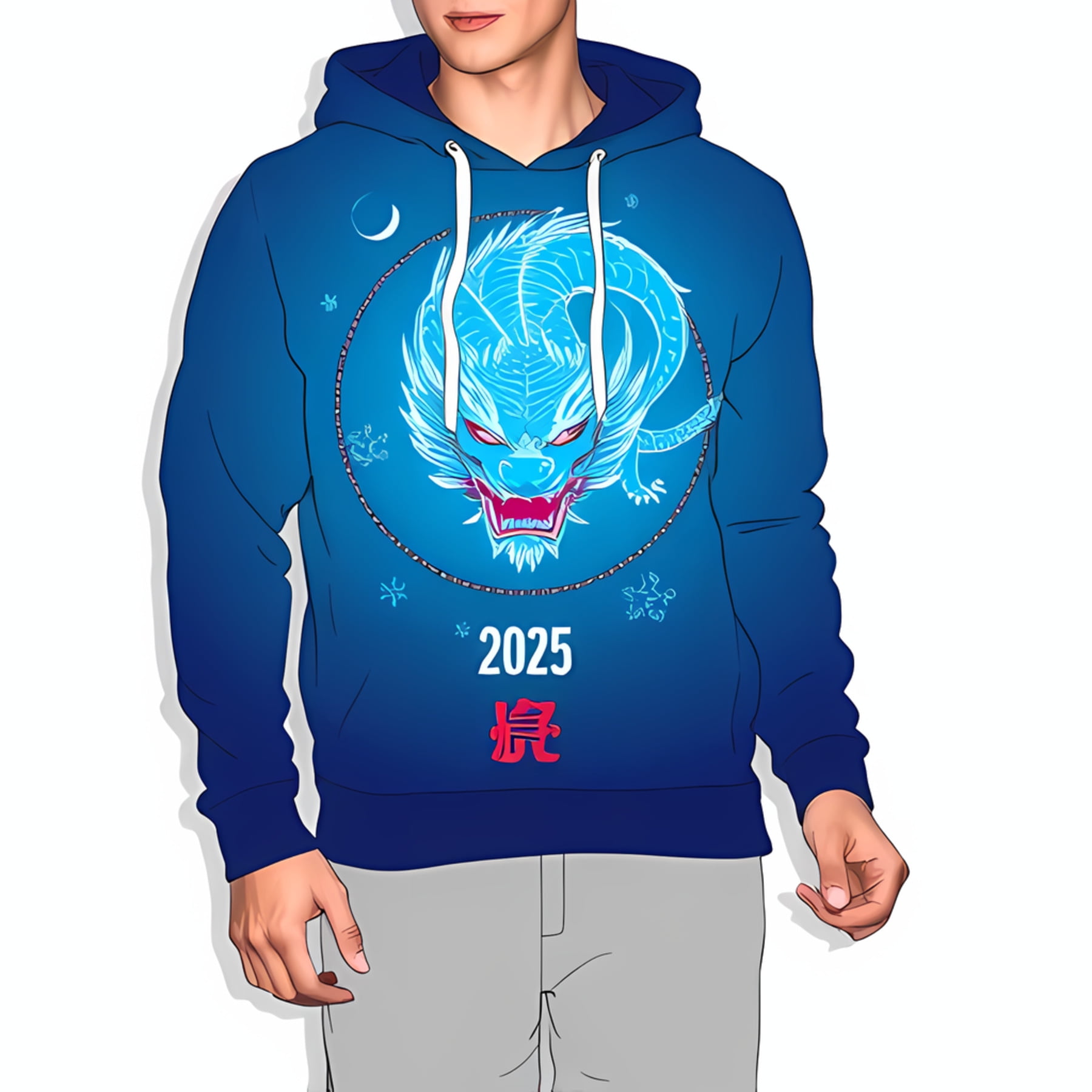 Vibrant Blue 3D Hoodie for 2025 Year of the Dragon with Design & Stars