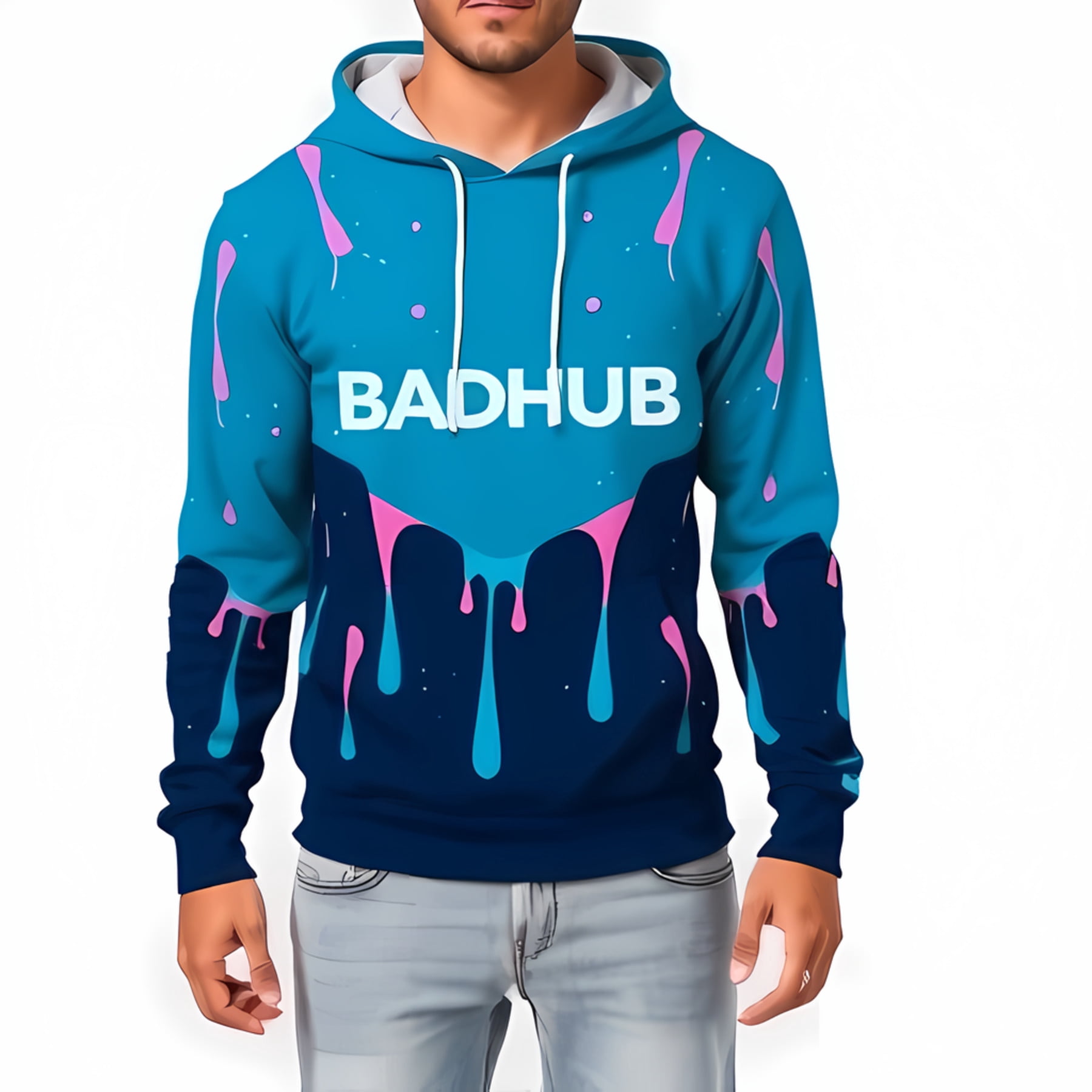 Vibrant Blue 3D Hoodie with Bold BADHUB & Drip Effect Modern Paint ...