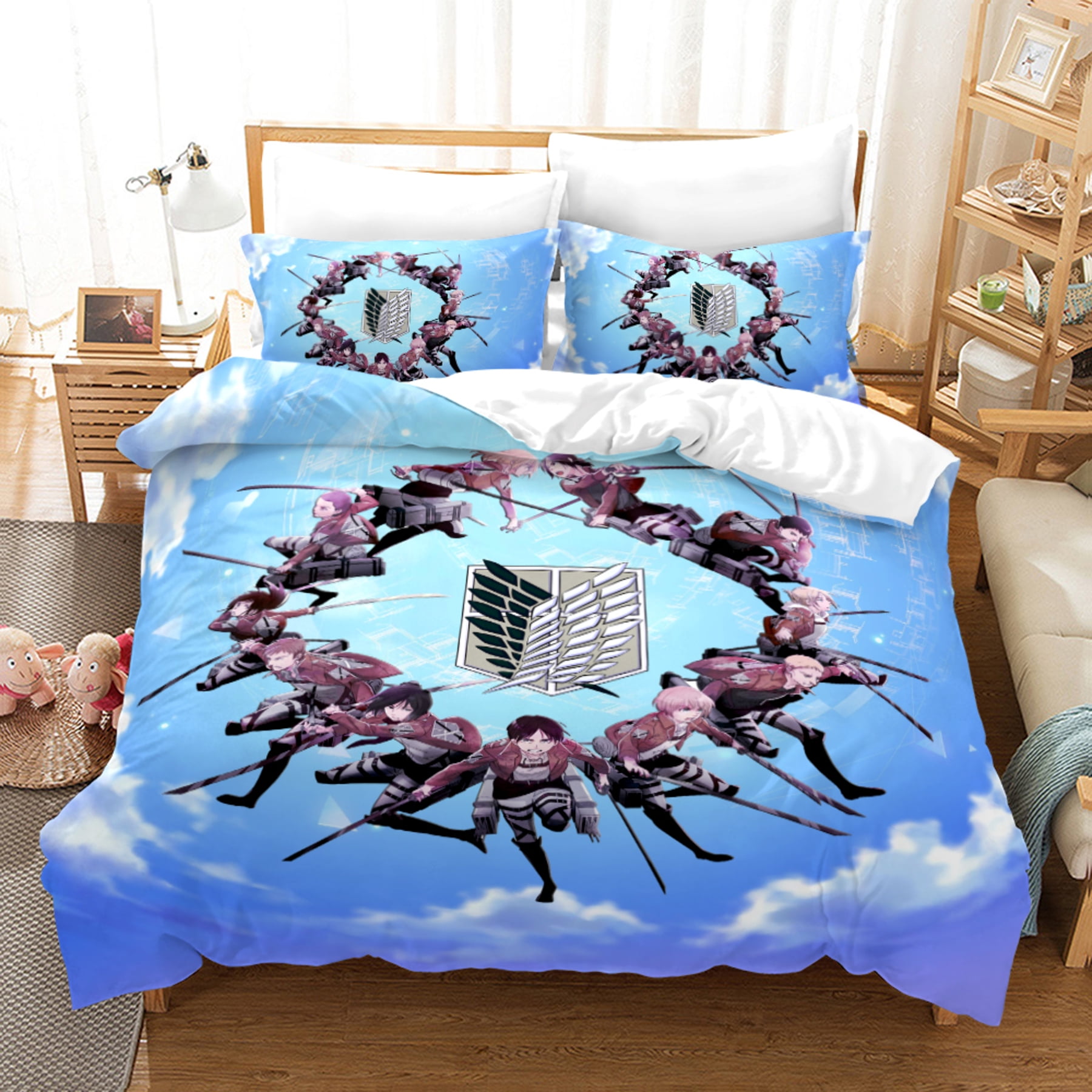 Vibrant Blue Anime Bedding Set with Winged Duvet Cover & Pillowcases ...