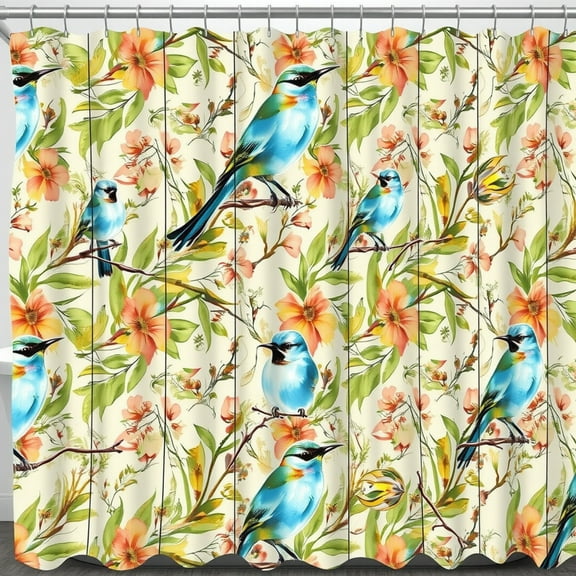 Vibrant Blue Birds Shower Curtain - Lifelike Floral Garden Design