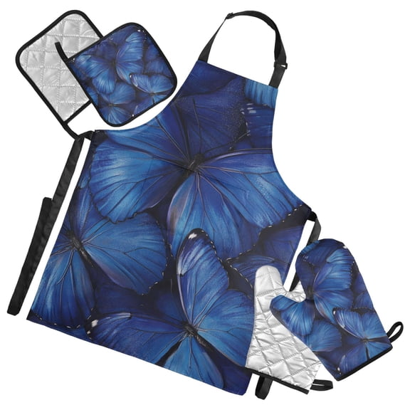 Vibrant Blue Butterflies Oven Mitts and Pot Holders with Chef Apron Set 5 Pcs Kitchen Cooking Set