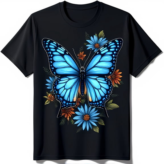 Vibrant Blue Butterfly T-Shirt with Floral Design Black Tee for Nature Lovers