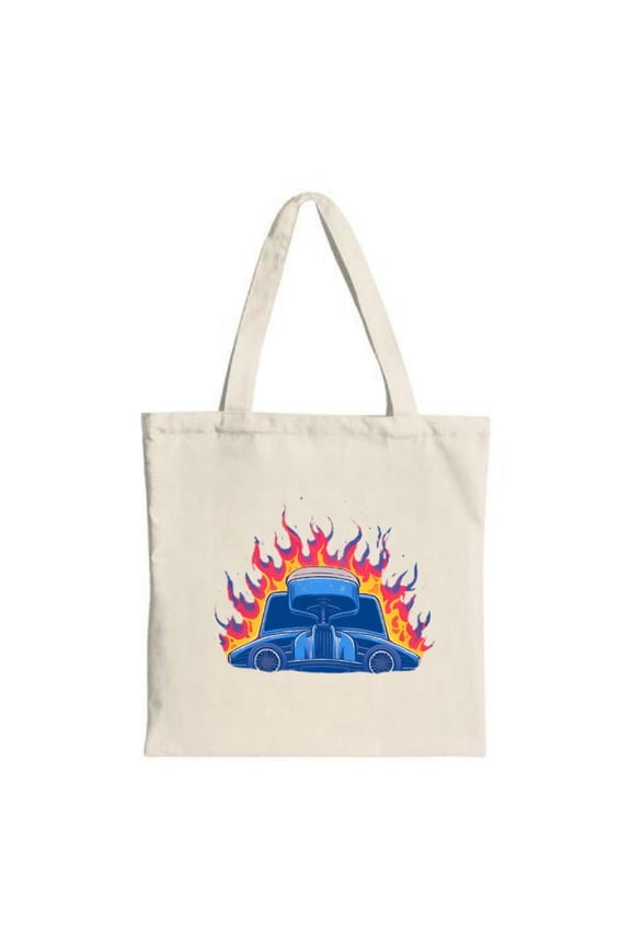 Vibrant Blue Car Tote Bag - Canvas Flames Design Perfect for Shopping Travel & Parties Stylish & Multifunctional