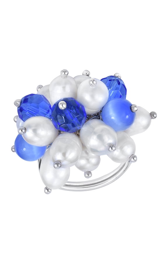 Vibrant Blue Cluster of Pearls, Stone, and Crystal Sterling Silver Ring for Female Anniversary Size - 5