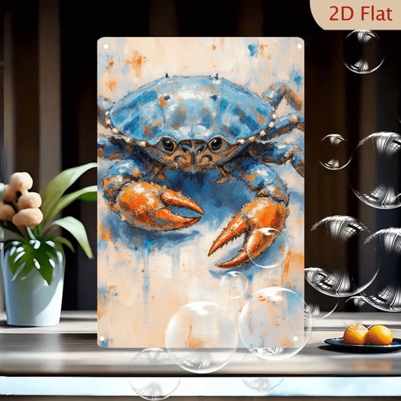 Vibrant Blue Crab Art 8x12in Metal Wall Decor, Painterly Turquoise & Orange Seafood Print, Abstract Ocean Life Canvas Style Poster for Home Kitchen Dining Room