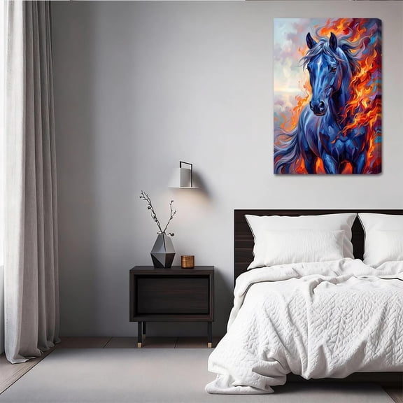 Vibrant Blue Fiery Horse Canvas Wall Art Modern Abstract Equine Painting Dynamic Flame Artwork for Living Room Bedroom Home Office Decor Colorful Print