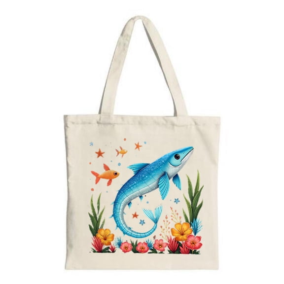 Vibrant Blue Fish Tote Bag - Colorful Underwater Design with Sea Plants Perfect for Shopping Travel & Parties - Reusable Canvas Bag
