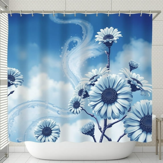 Vibrant Blue Floral Shower Curtain with Pale Daisies & Centers - Ethereal Garden Design for a Calming Bathroom Atmosphere