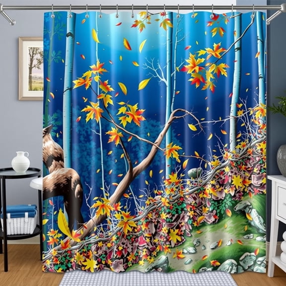 Vibrant Blue Forest Shower Curtain with Fox & Autumn Leaves - Tranquil Bathroom Decor