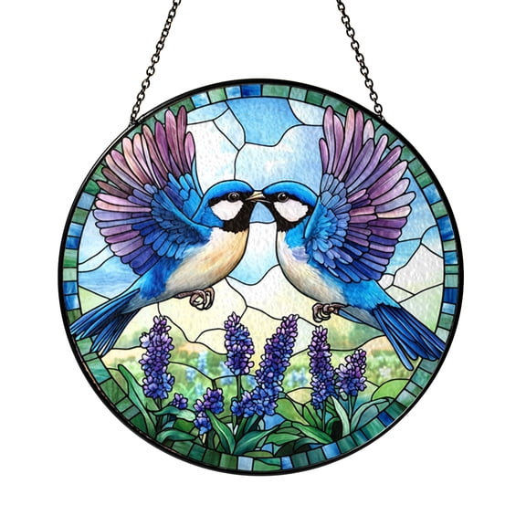 Vibrant Blue Jays Over Lavender Field Stained Glass Window Hanging, Nature-Themed Home Decor, Gift Idea for Bird Enthusiasts