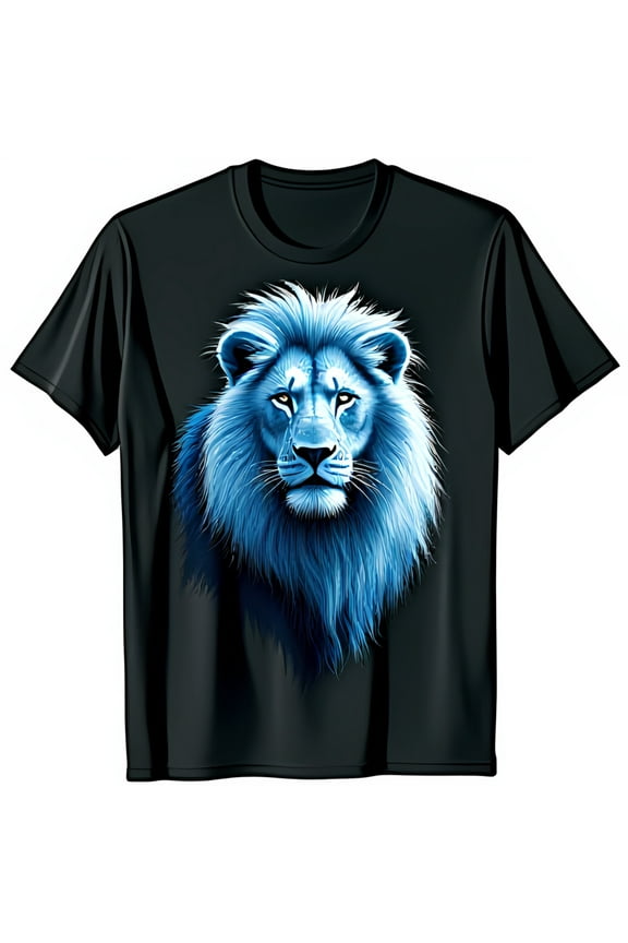 Vibrant Blue Lion s Head Graphic Black T-Shirt Bold & Eye Catching Design