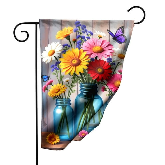 Vibrant Blue Mason Jars with Colorful Daisies and Purple Blue Butterflies Garden Flag Double Sided Polyester Decorative Outdoor Yard Art for Spring Summer 12.5x18 Inch#28311