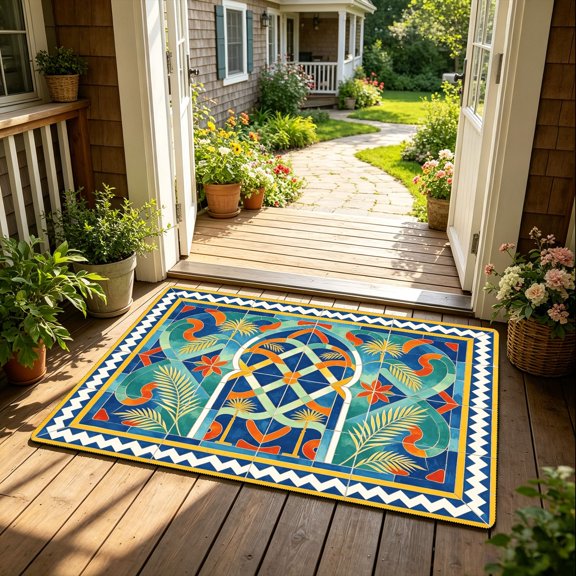 Vibrant Blue Mediterranean Geometric Area Rug, Front Porch Living Room Holiday Party Entrance Floor Decor, Thanksgiving Christmas Gift