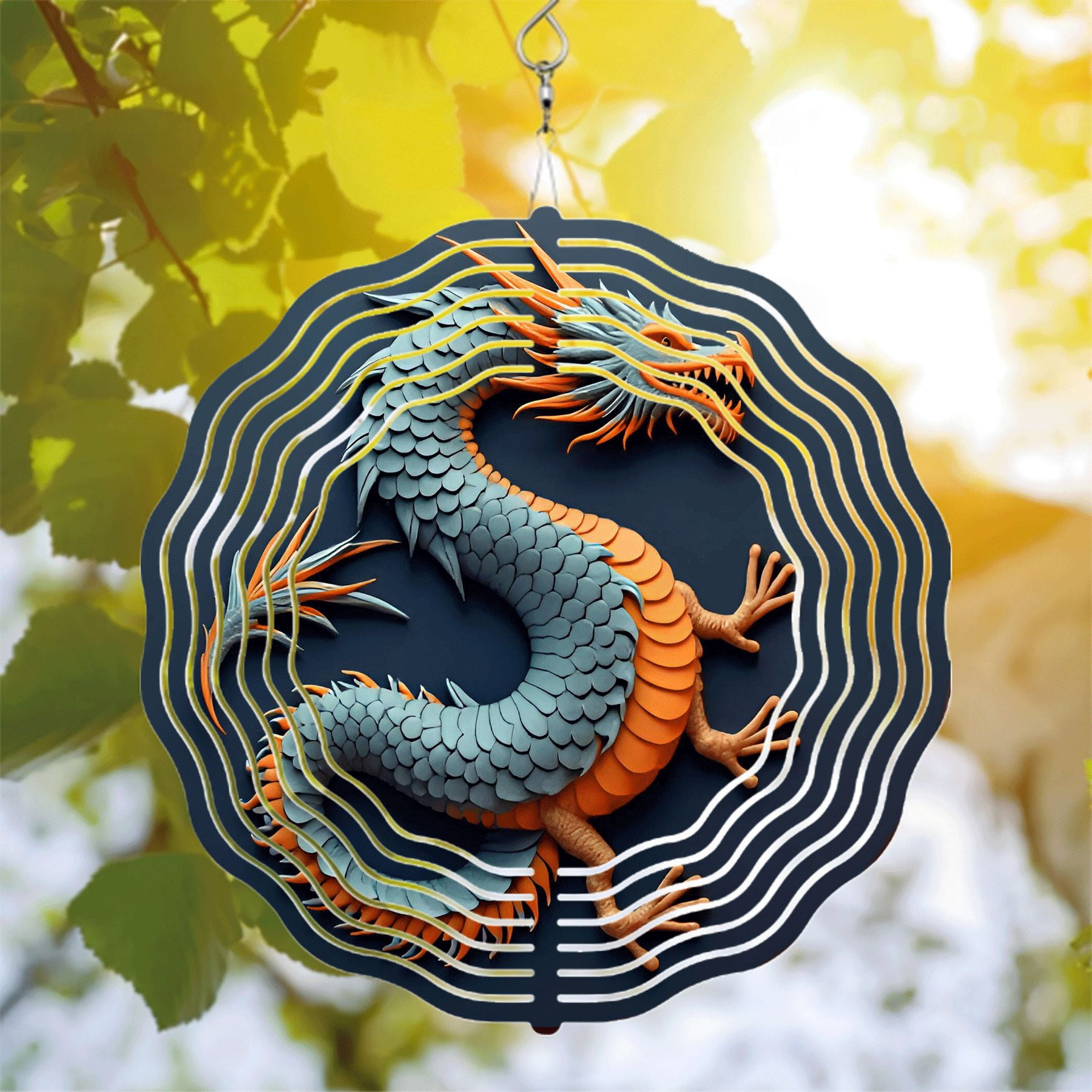 Vibrant Blue & Orange Dragon Metal Wind Spinner - Intricate Scales ...