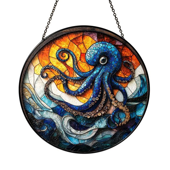 Vibrant Blue Ringed Octopus Ocean Suncatcher Round Gift Item Sun