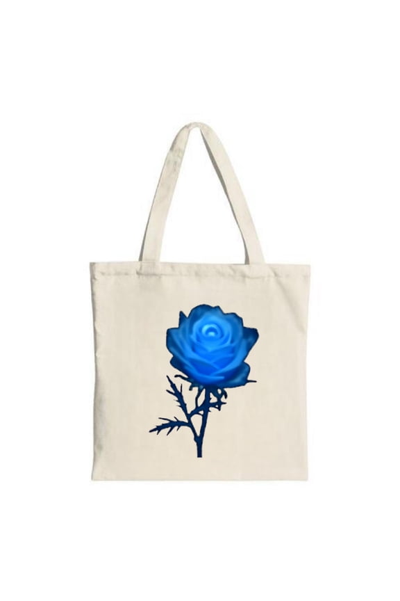 Vibrant Blue Rose Tote Bag - Cream Canvas Dark Green Stem Perfect for Shopping Travel & Parties Stylish & Reusable