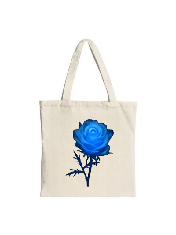 Vibrant Blue Rose Tote Bag - Cream Canvas Dark Green Stem Perfect for Shopping Travel & Parties Stylish & Reusable