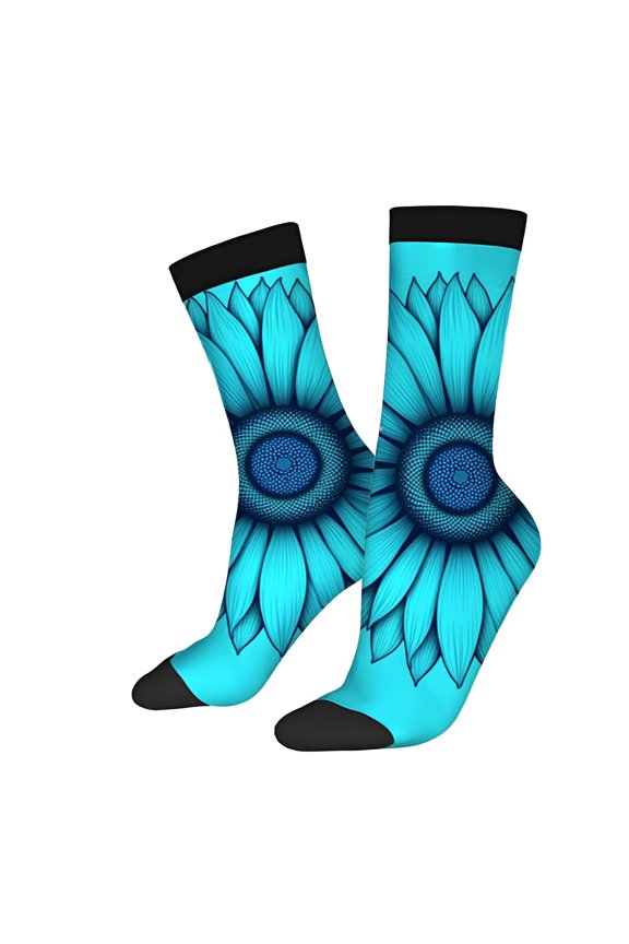 Vibrant Blue Sunflower Design Socks - 2 Pairs of Unisex Trendy Mixed Color Socks with Black Cuffs and Toe Caps
