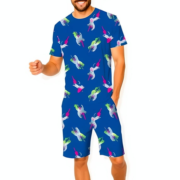 Vibrant Blue Two-Piece Set: Short - Sleeve T-Shirt & Shorts with Pink Green Print - Retro 80s 90s Style