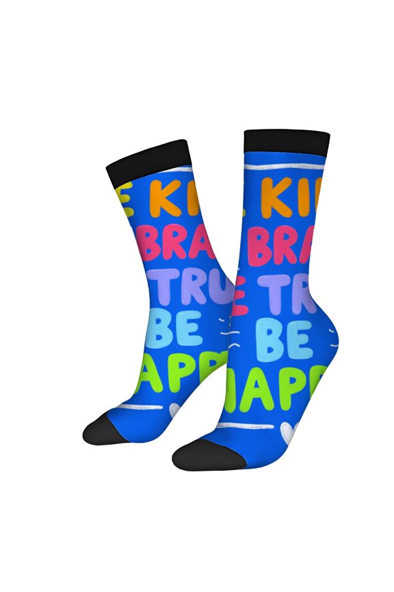 Vibrant Blue Unisex Socks - 2 Pairs with Colorful ' BE KIND BRAVE TRUE BE ' Text Playful Mixed Colors & Black Accents