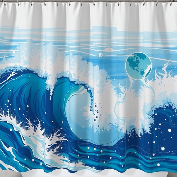 Vibrant Blue Wave Shower Curtain with Globe Design - Ocean Theme for Bathroom Decor