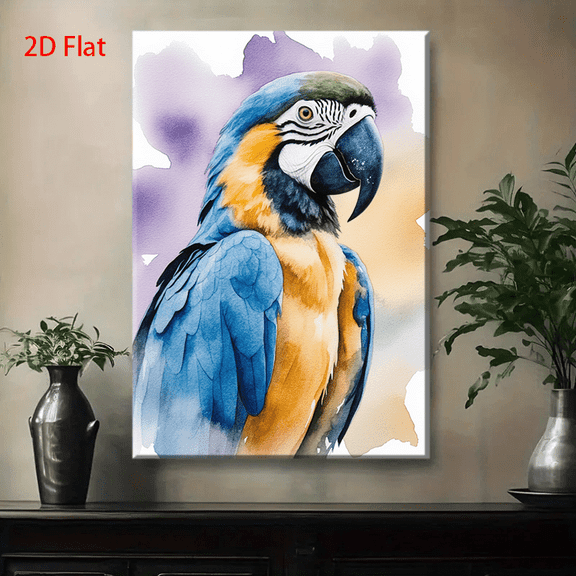 Vibrant Blue Yellow Purple Watercolor Parrot Wall Art Painting - 2D Flat Tropical Bird Portrait with Expressive Eyes, Hand-Painted Style Texture for Home Decor, Living Room, Bedroom