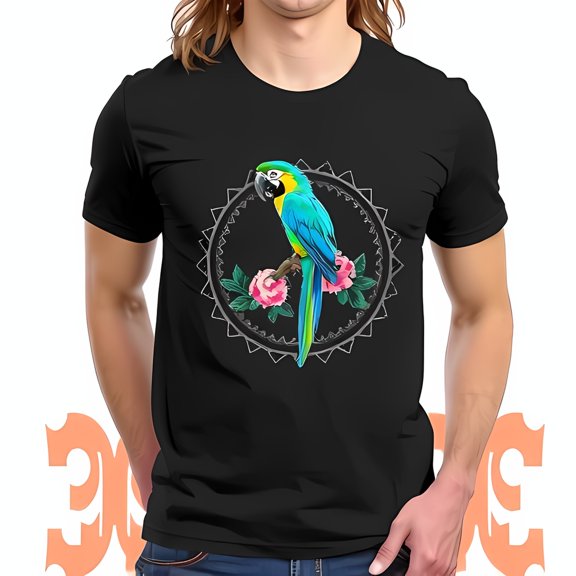 Vibrant Blue-and-Gold Macaw T-Shirt with Pink Roses & Geometric Design - Nature Fashion
