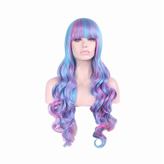 Vibrant Blue and Pink Gradient Long Curly Cosplay Wig with Bangs for Parties and Events