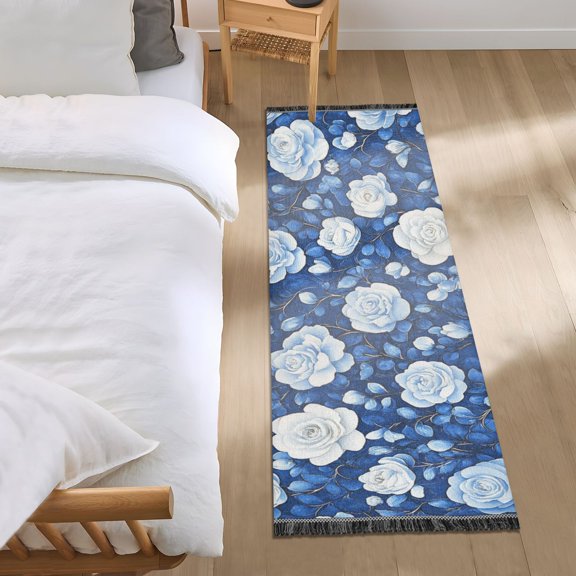 Vibrant Blue and White Roses Bedroom Runner Rug 2'x 6' Non Slip Carpet Indoor Home Area Rug Living Room