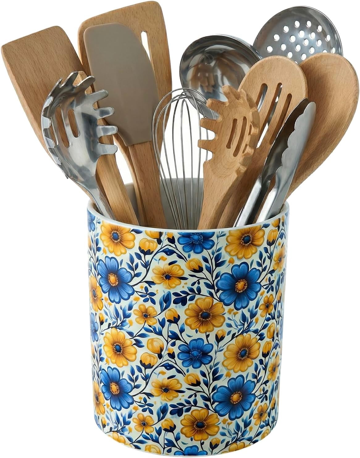 Vibrant Blue and Yellow Floral Ceramic Kitchen Utensil Holder – Decorative Crock for Cooking Utensils, Flatware, and Countertop Storage