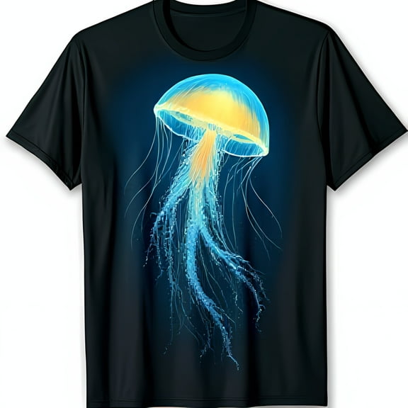 Vibrant Blue and Yellow Jellyfish Graphic Black T-Shirt for Unique Style