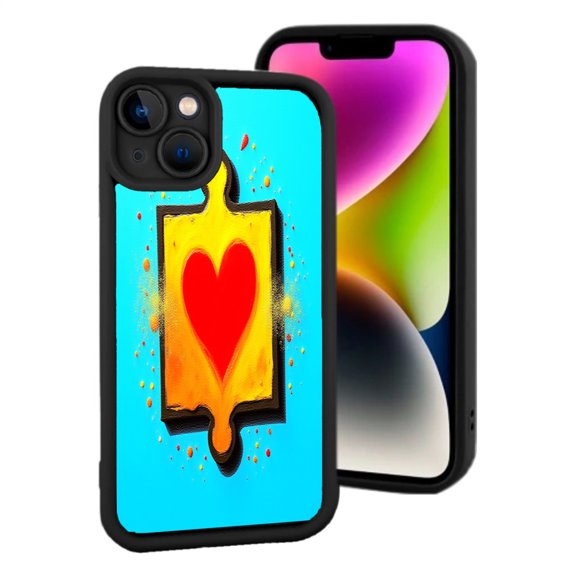 Vibrant Blue iPhone 15 Case with Yellow Puzzle Piece & Red Heart Design Lightweight Yellowing Resistant Energetic Pattern